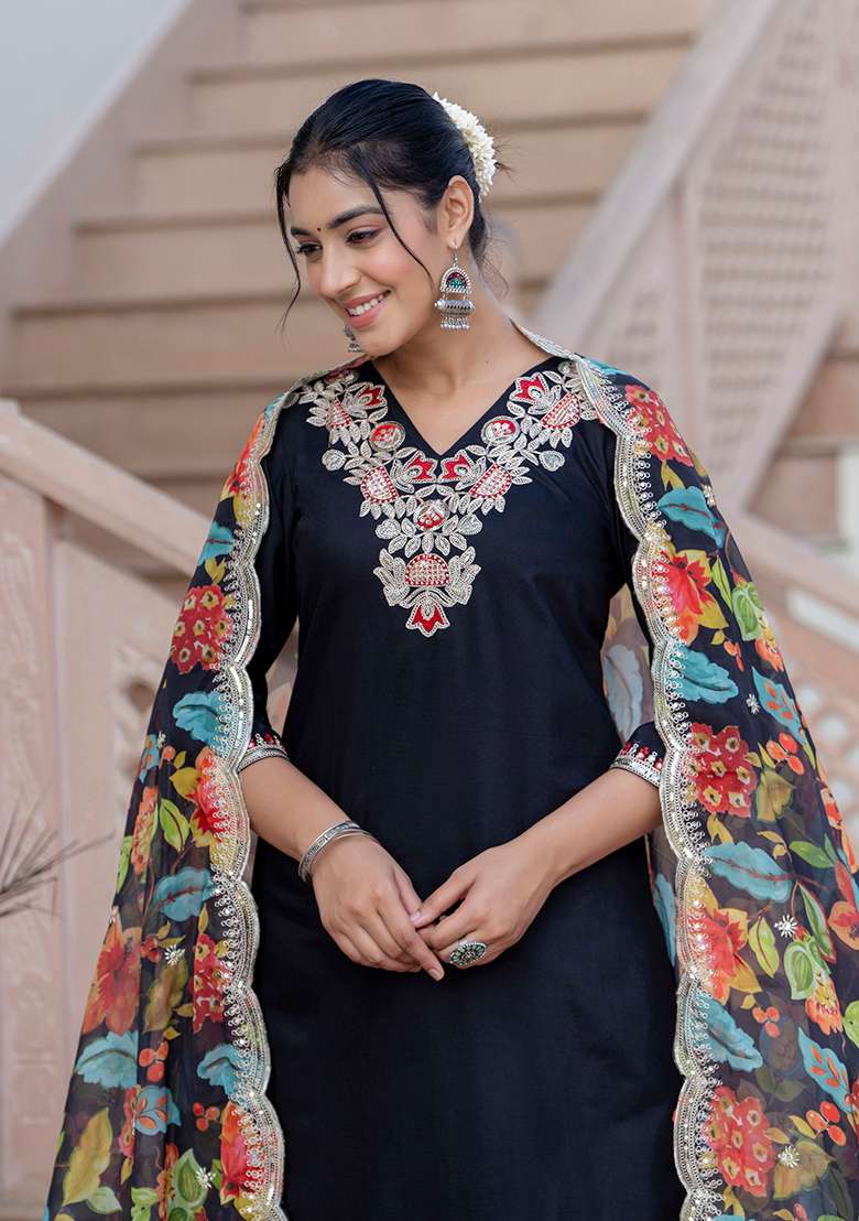 Black Embroidered Silk Blend Straight Kurta Set - Indya