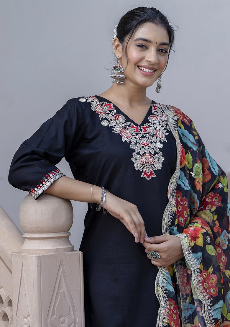 Black Embroidered Silk Blend Salwar Kameez With Dupatta