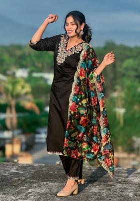 Black Embroidered Silk Blend Salwar Kameez With Dupatta
