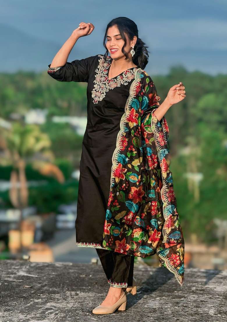 Black Embroidered Silk Blend Straight Kurta Set - Indya