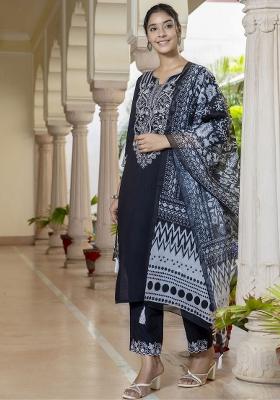 Black Embroidered Silk Blend Salwar Kameez With Dupatta