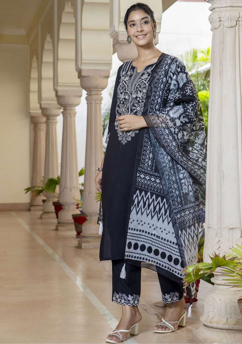 Black Printed Silk Blend Straight Kurta Set - Indya