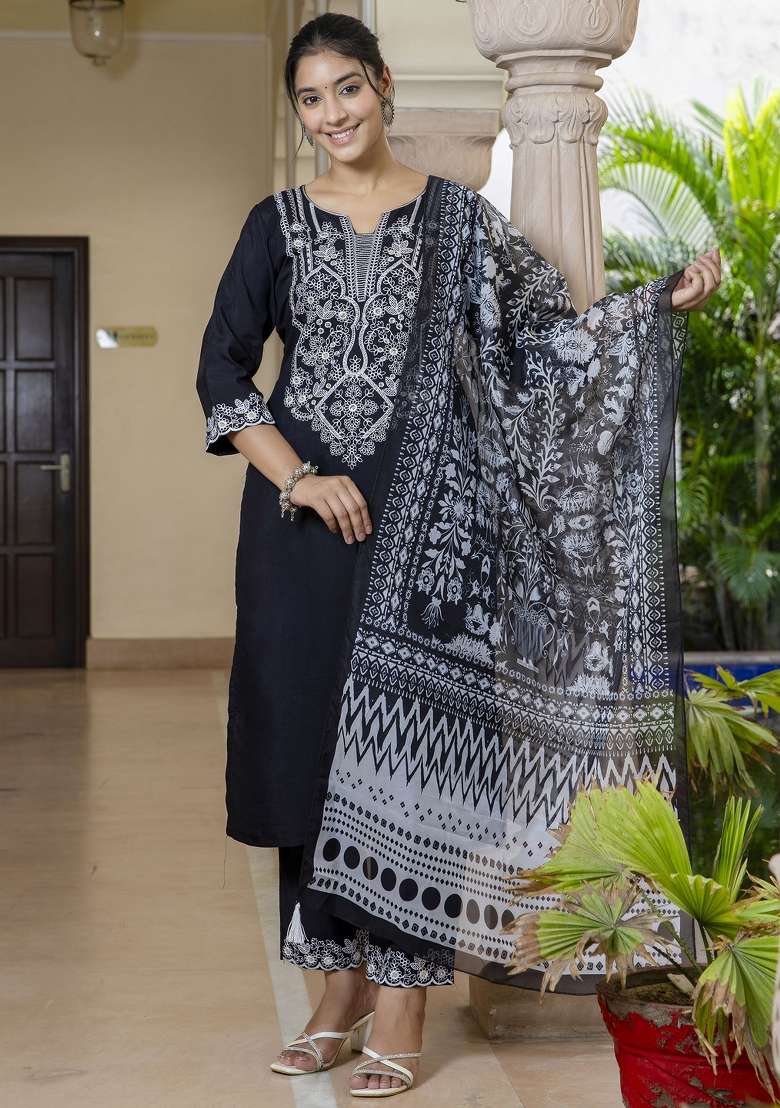 Black Printed Silk Blend Straight Kurta Set - Indya