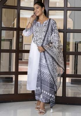 White Embroidered Silk Blend Salwar Kameez With Dupatta