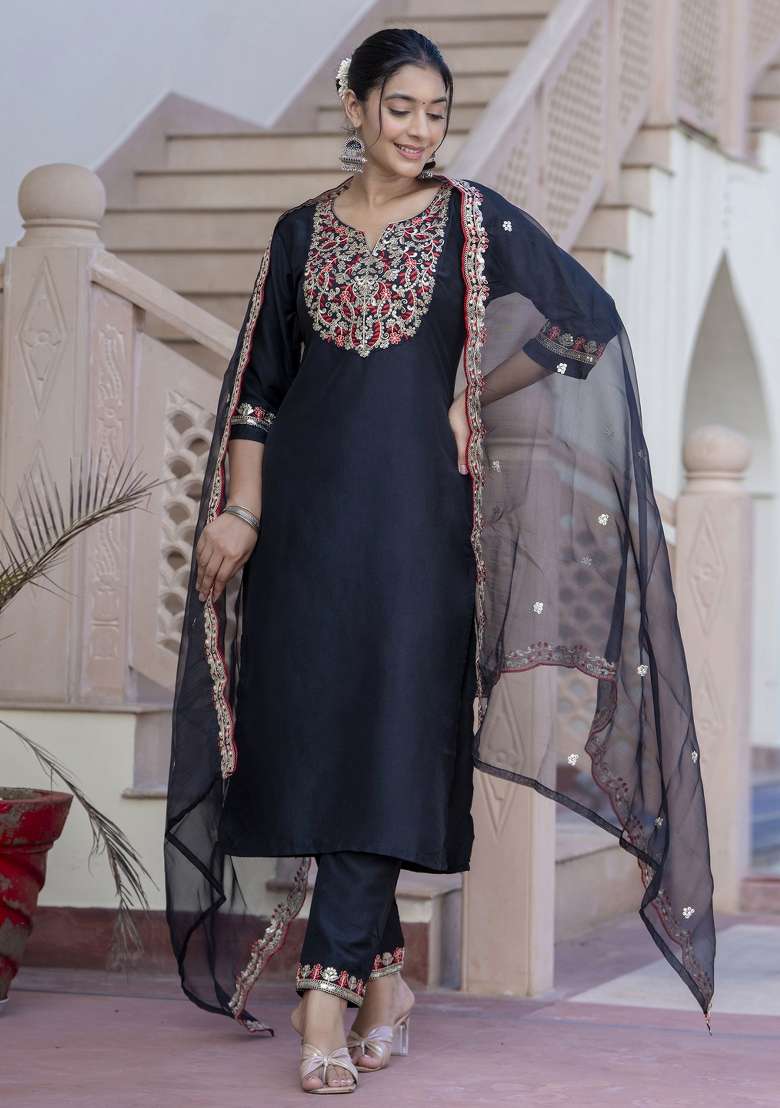 Black Embroidered Silk Blend Straight Kurta Set - Indya