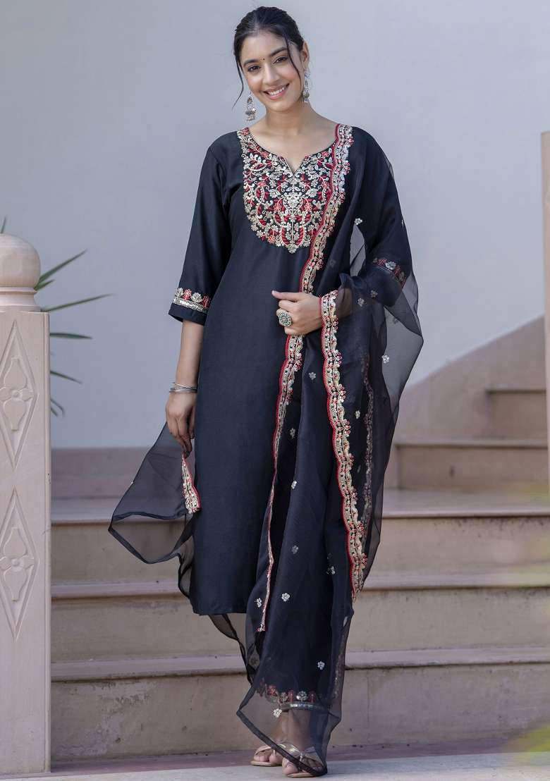 Black Embroidered Silk Blend Straight Kurta Set - Indya