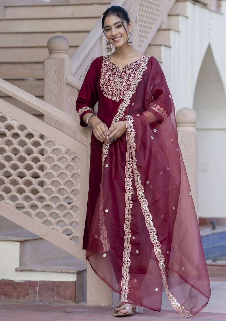 Maroon Embroidered Silk Blend A Line Kurta Set - Indya