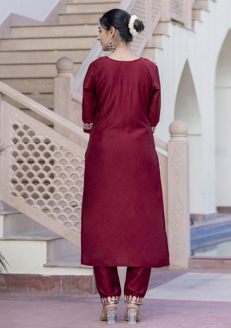 Maroon Embroidered Silk Blend Salwar Kameez With Dupatta