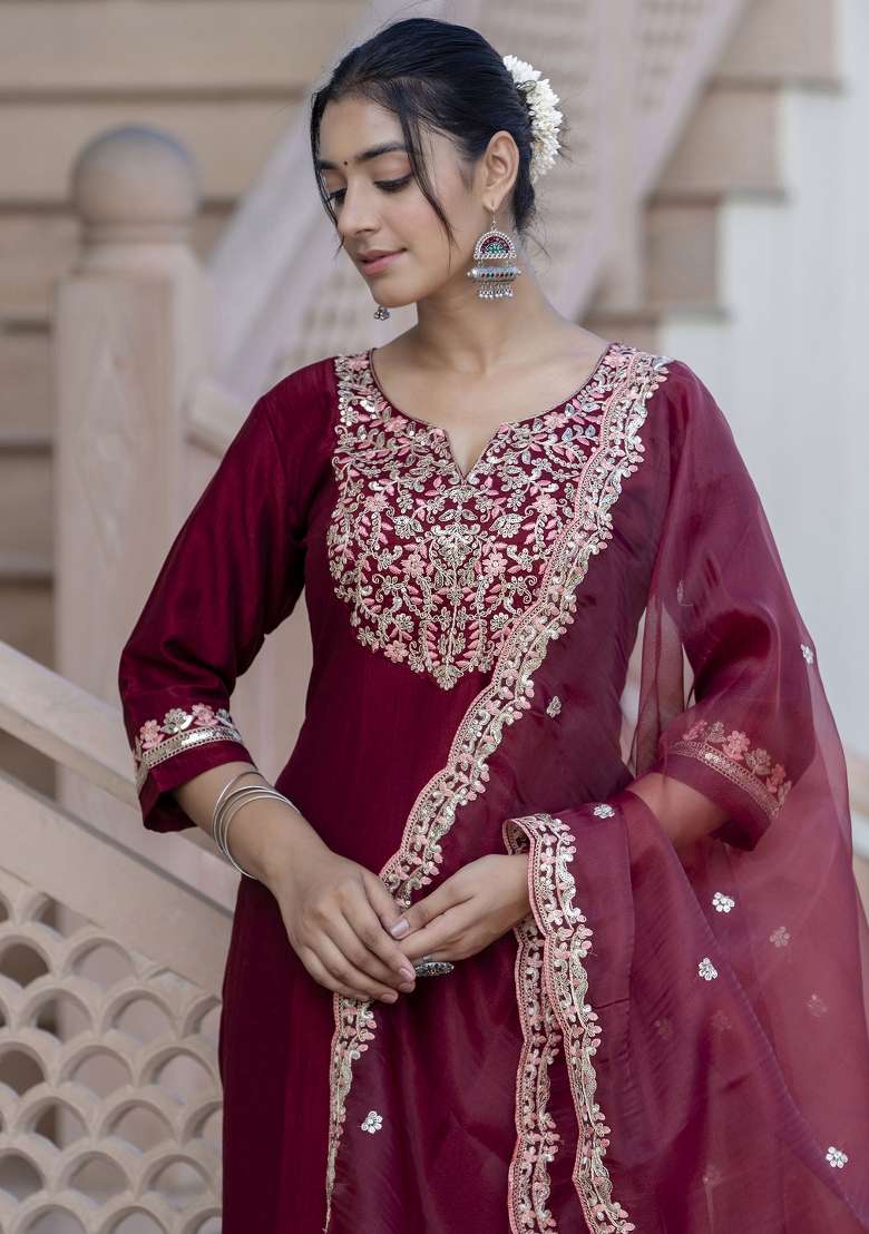 Maroon Embroidered Silk Blend A Line Kurta Set - Indya