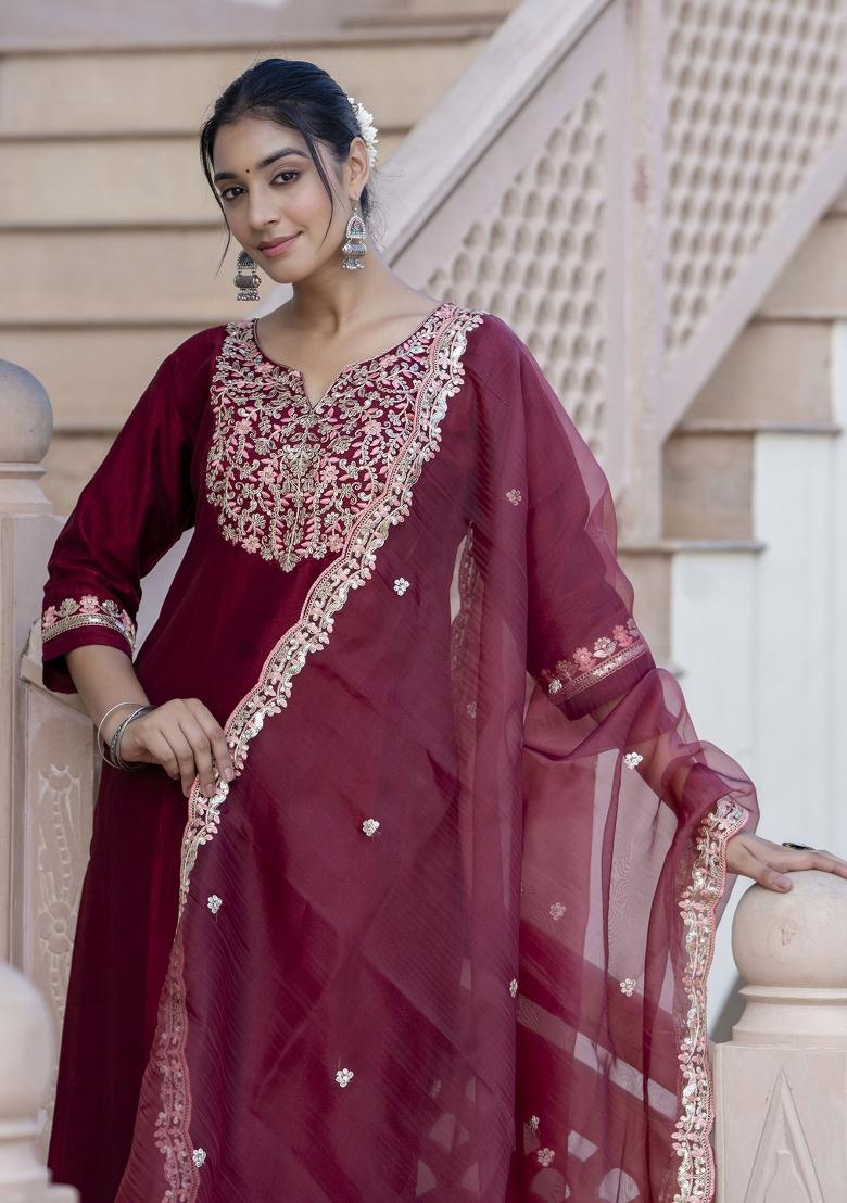 Maroon Embroidered Silk Blend Salwar Kameez With Dupatta