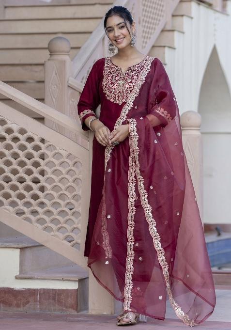 Maroon Embroidered Silk Blend Salwar Kameez With Dupatta