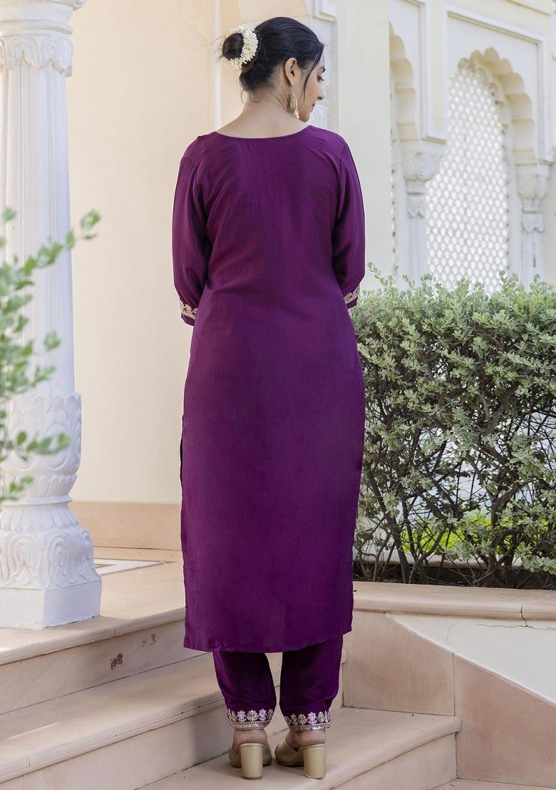 Purple Embroidered Silk Blend Salwar Kameez With Dupatta