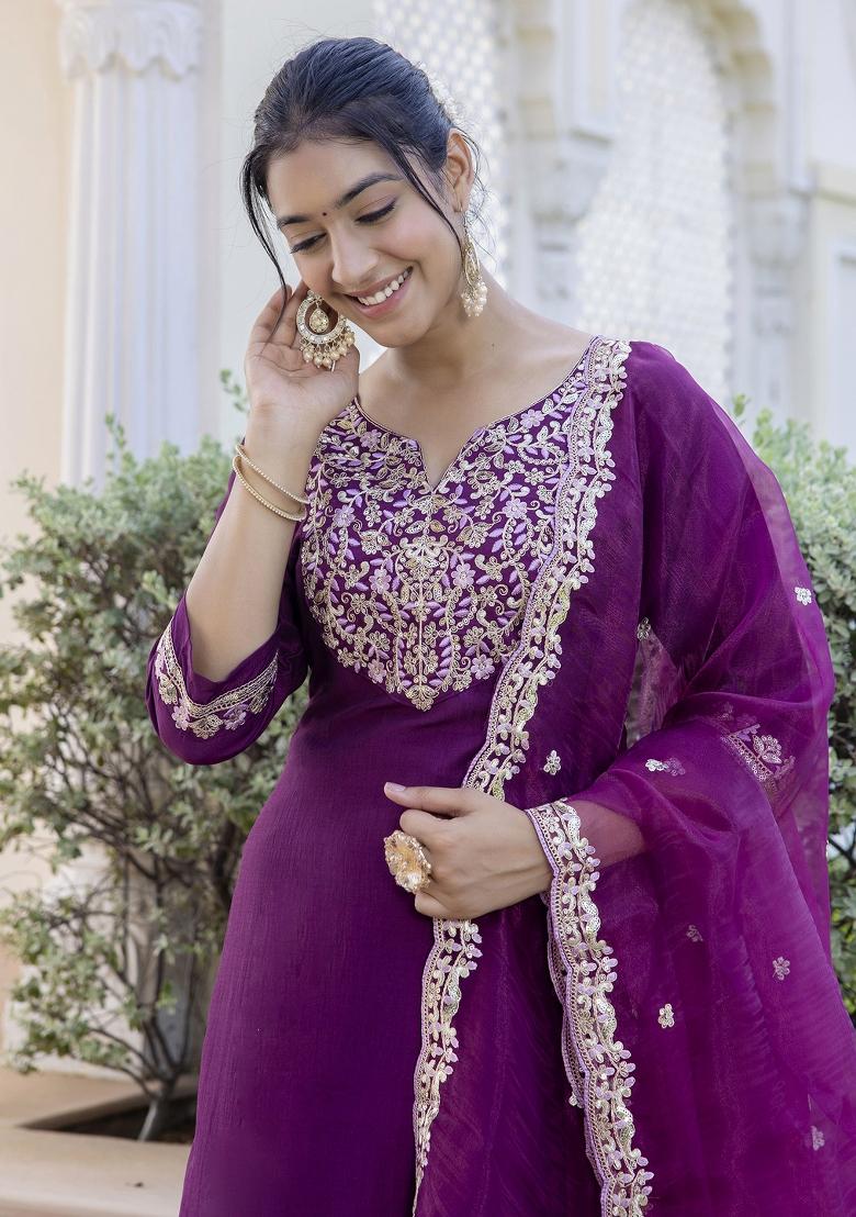 Purple Embroidered Silk Blend Salwar Kameez With Dupatta