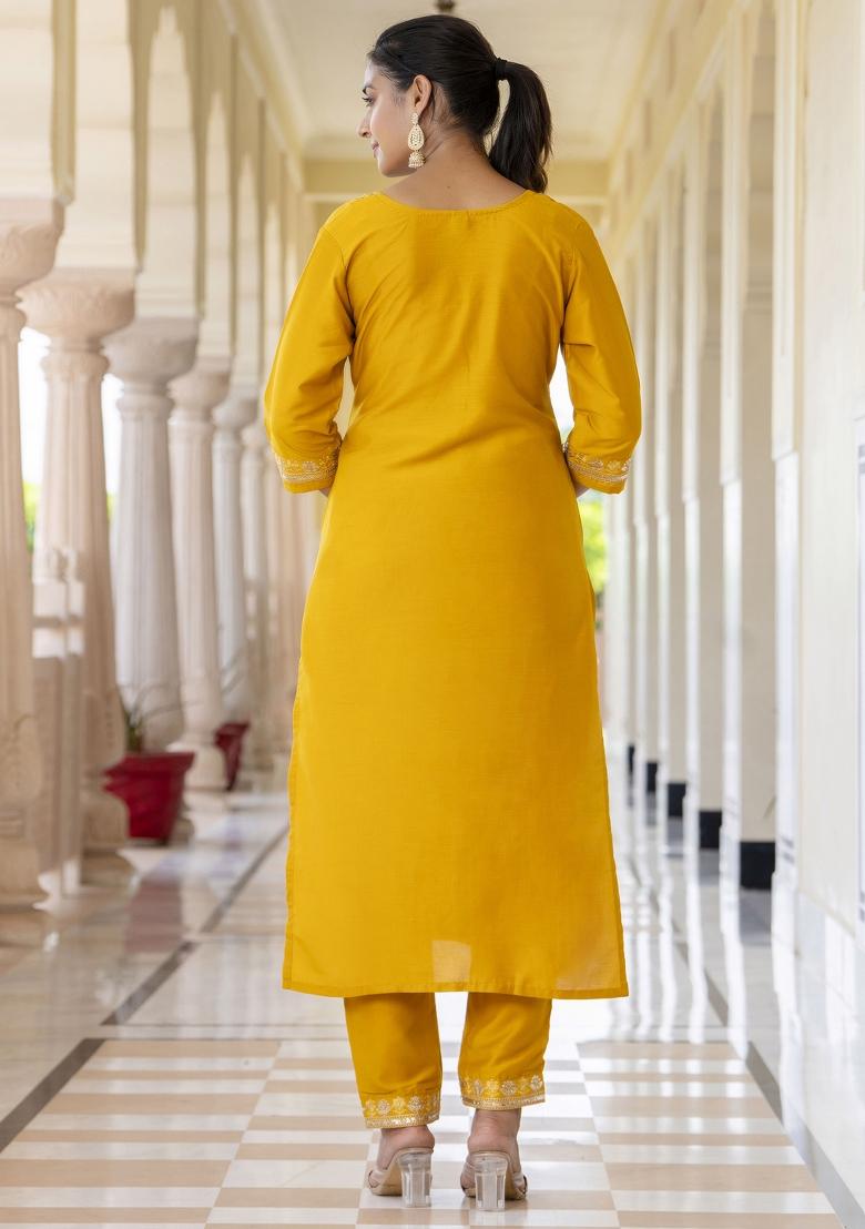 Yellow Embroidered Silk Blend Salwar Kameez With Dupatta