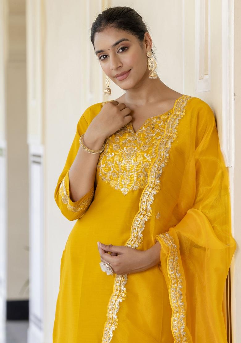Yellow Embroidered Silk Blend Salwar Kameez With Dupatta
