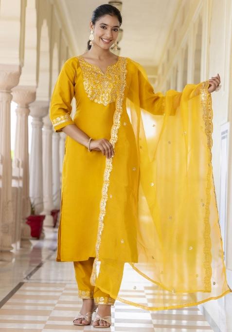 Yellow Embroidered Silk Blend Salwar Kameez With Dupatta