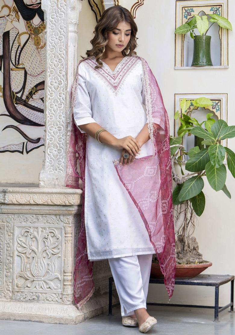 White Embroidered Chanderi Salwar Kameez With Dupatta