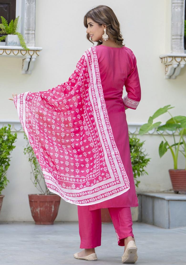 Pink Embroidered Silk Blend Salwar Kameez With Dupatta