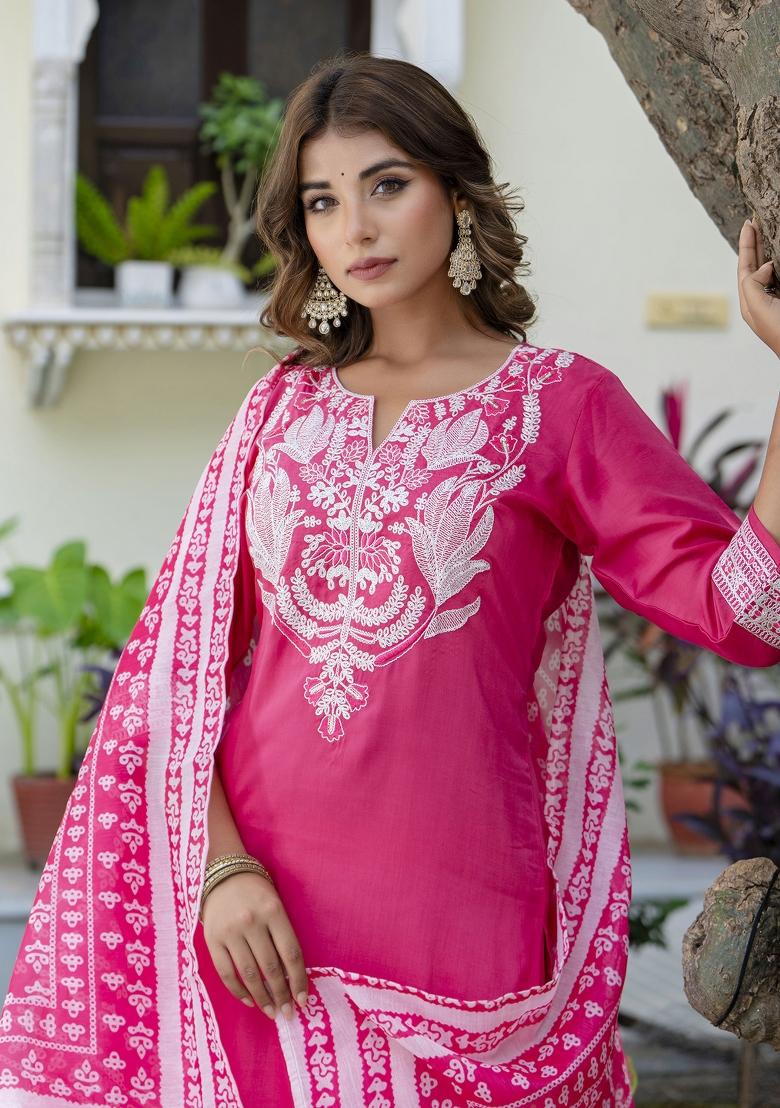 Pink Embroidered Silk Blend Salwar Kameez With Dupatta