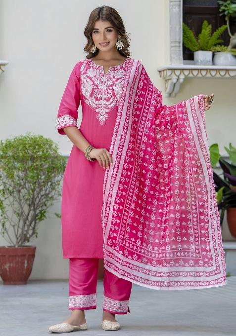 Pink Embroidered Silk Blend Salwar Kameez With Dupatta
