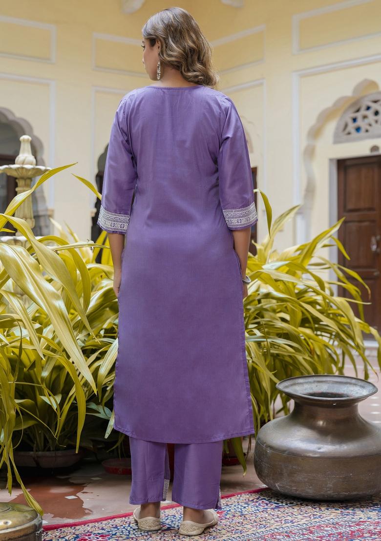 Purple Embroidered Silk Blend Salwar Kameez With Dupatta