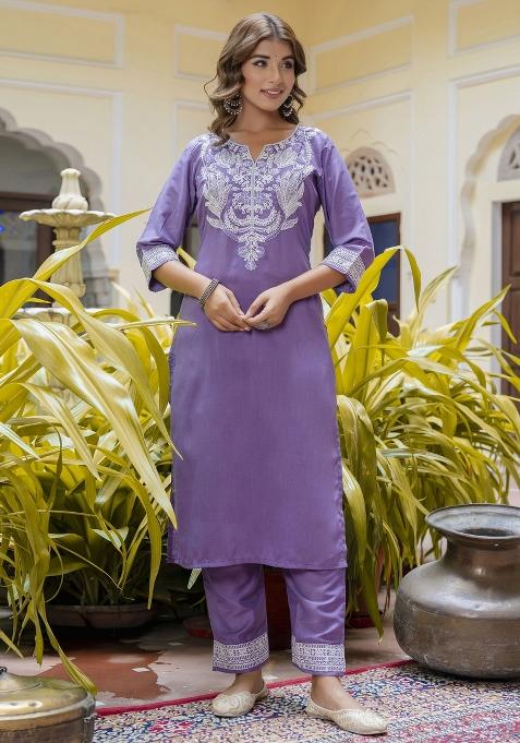 Purple Embroidered Silk Blend Salwar Kameez With Dupatta