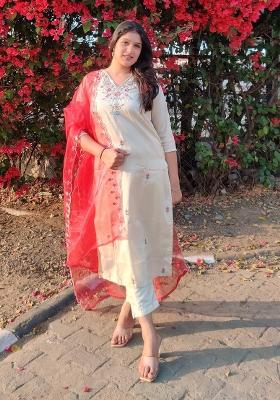 Beige Embroidered Silk Blend Salwar Kameez With Dupatta