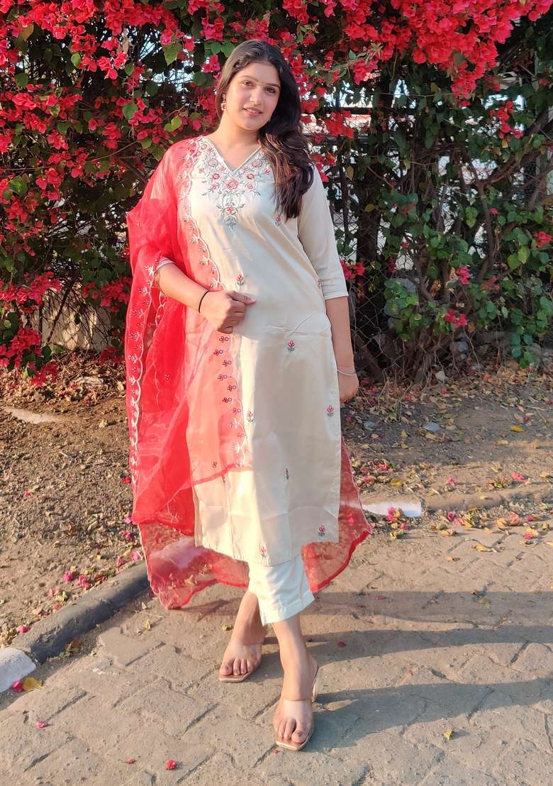 Beige Embroidered Silk Blend Straight Kurta Set - Indya