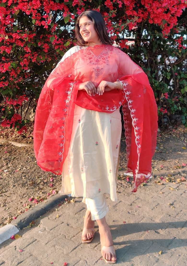Beige Embroidered Silk Blend Straight Kurta Set - Indya