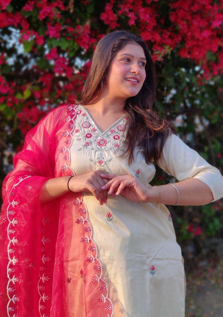 Beige Embroidered Silk Blend Salwar Kameez With Dupatta