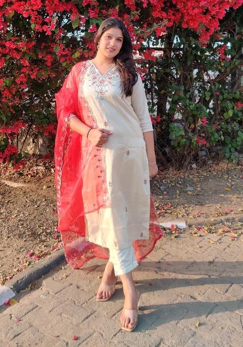 Beige Embroidered Silk Blend Salwar Kameez With Dupatta