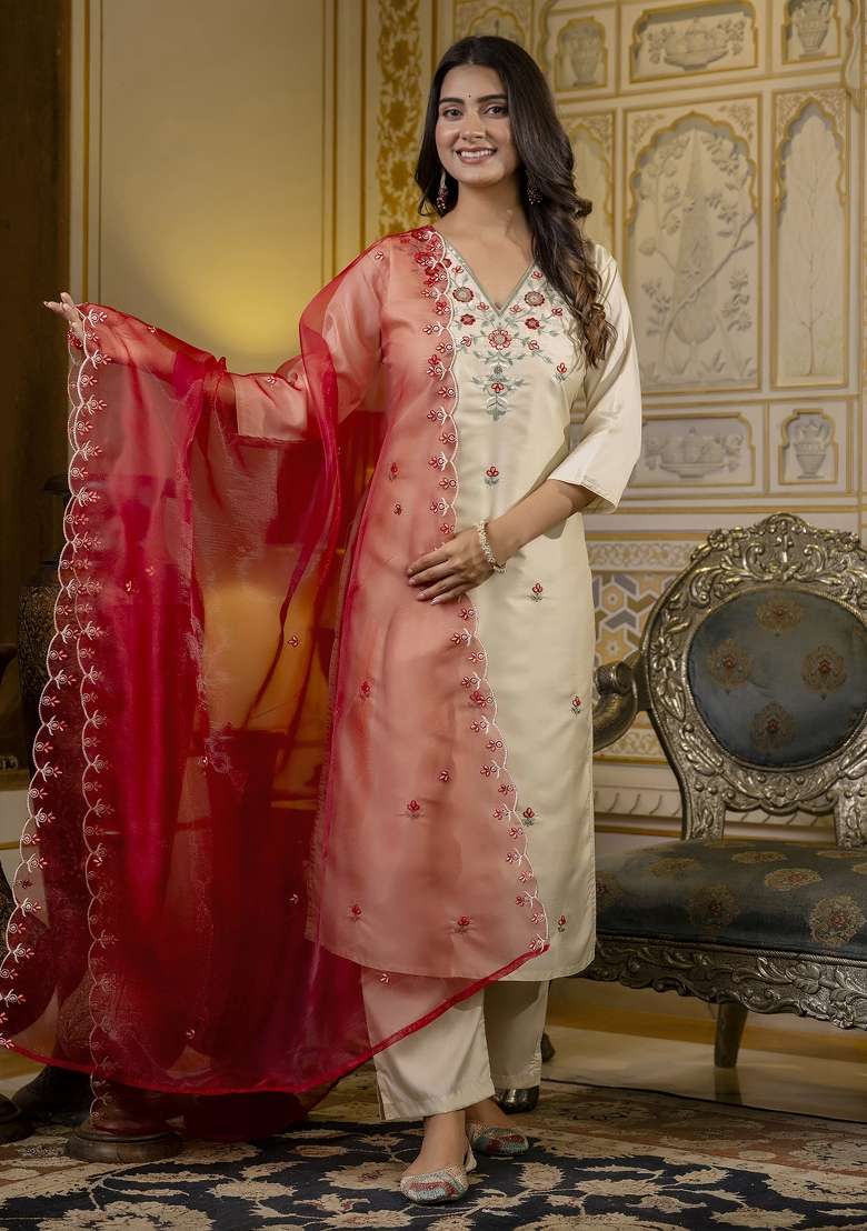 Beige Embroidered Silk Blend Straight Kurta Set - Indya
