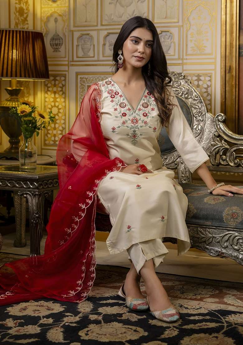Beige Embroidered Silk Blend Straight Kurta Set - Indya
