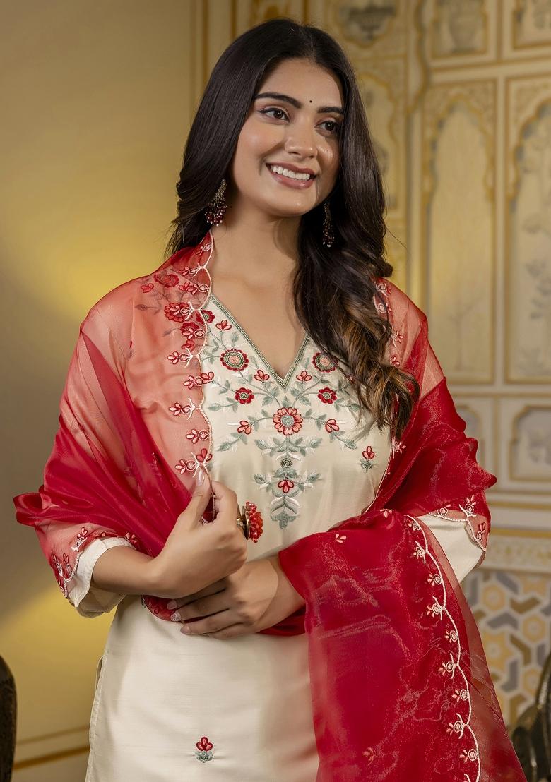 Beige Embroidered Silk Blend Salwar Kameez With Dupatta