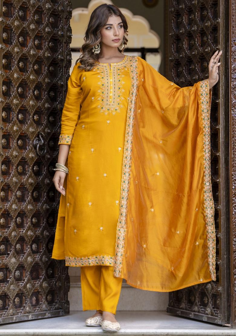 Yellow Embroidered Silk Blend Salwar Kameez With Dupatta