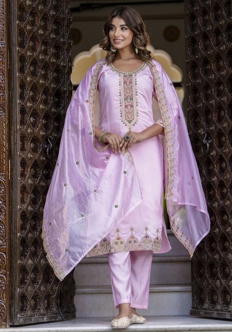 Pink Embroidered Silk Blend Salwar Kameez With Dupatta