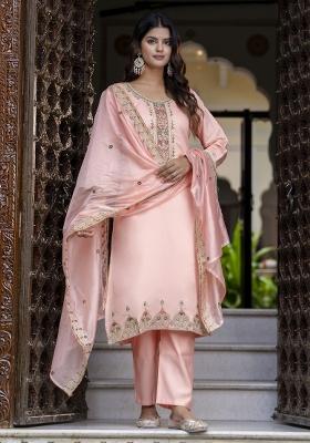 Peach Embroidered Silk Blend Salwar Kameez With Dupatta