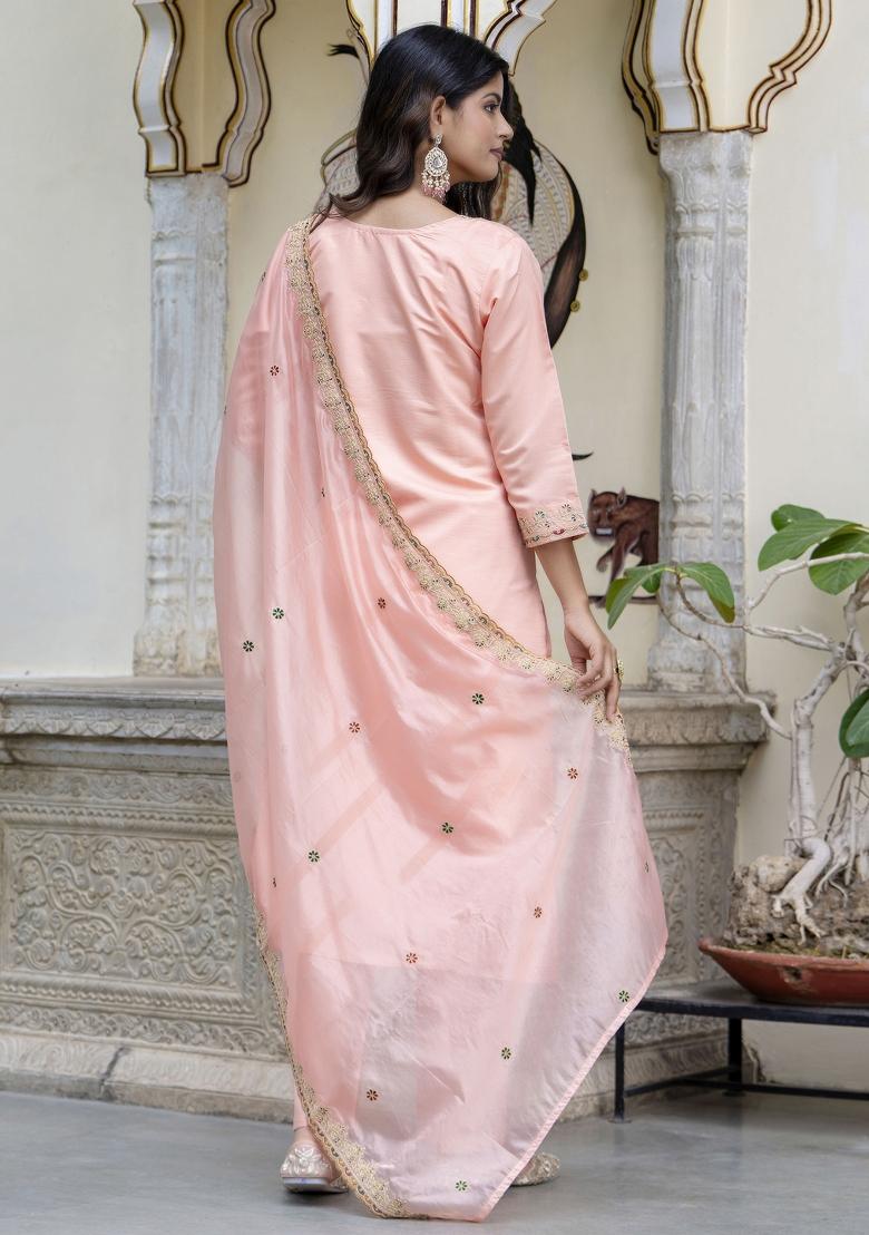Peach Embroidered Silk Blend Salwar Kameez With Dupatta