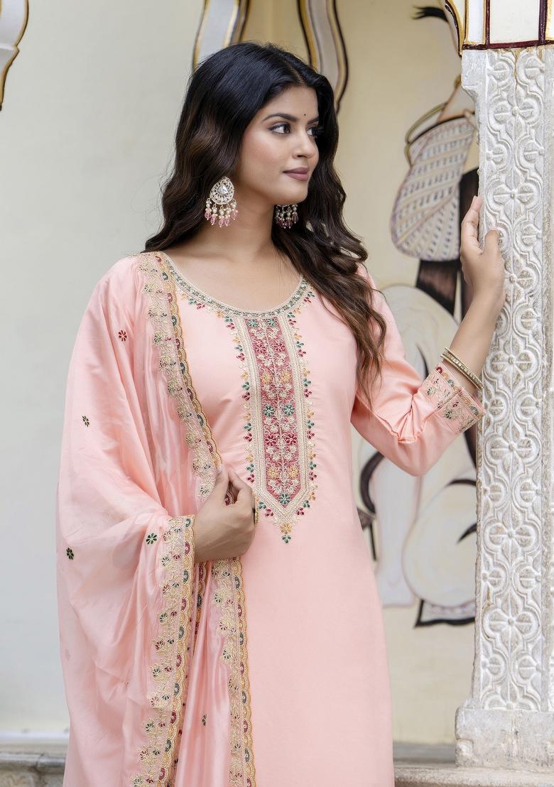 Peach Embroidered Silk Blend Salwar Kameez With Dupatta
