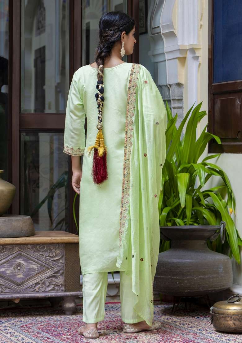 Pista Green Embroidered Silk Blend Pakistani Suit Set - Indya