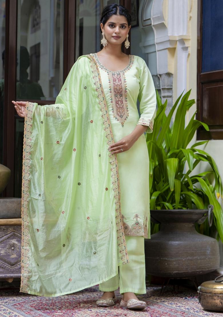 Pista Green Embroidered Silk Blend Salwar Kameez With Dupatta
