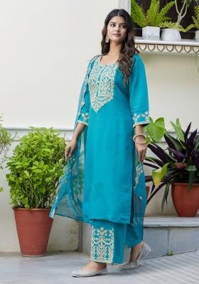 Sky Blue Embroidered Silk Blend Salwar Kameez With Dupatta