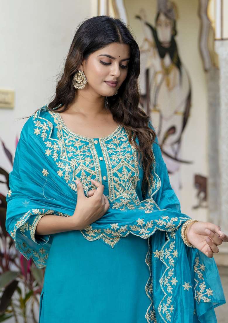 Sky Blue Embroidered Silk Blend Straight Kurta Set - Indya
