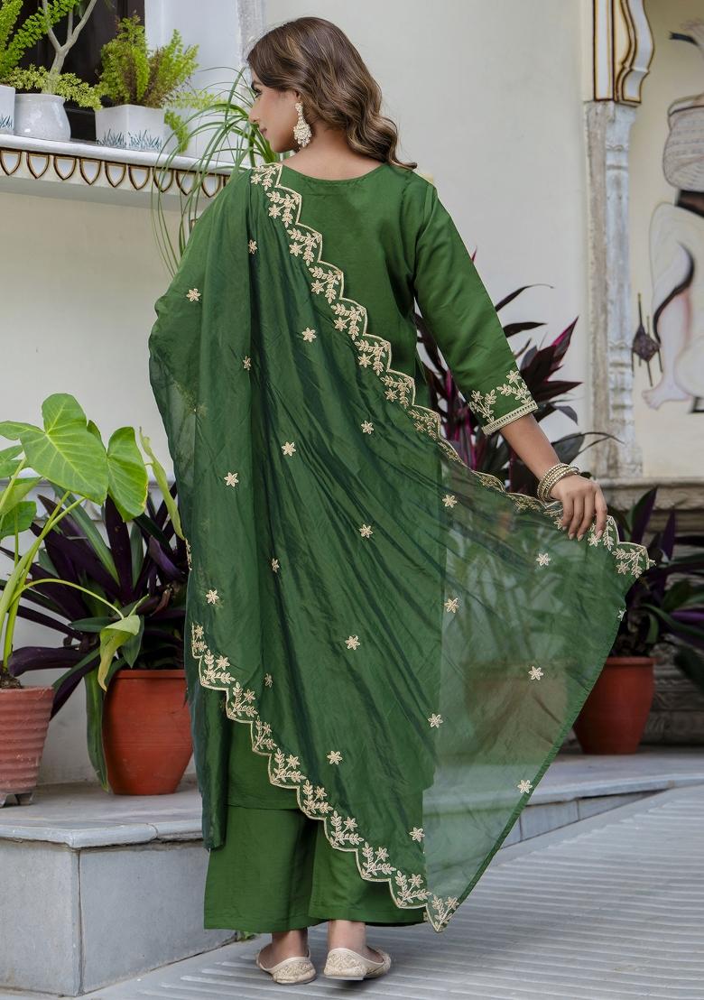 Green Embroidered Silk Blend Salwar Kameez With Dupatta