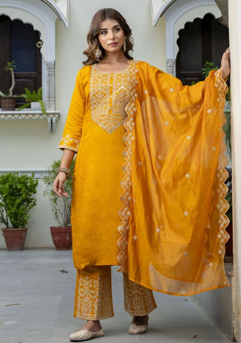 Mustard Yellow Embroidered Silk Blend Straight Kurta Set - Indya