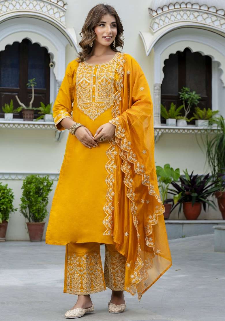 Mustard Yellow Embroidered Silk Blend Straight Kurta Set - Indya