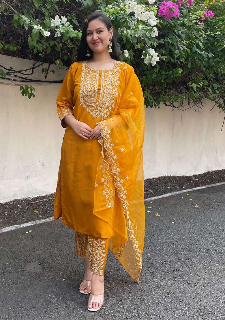 Mustard Yellow Embroidered Silk Blend Straight Kurta Set - Indya