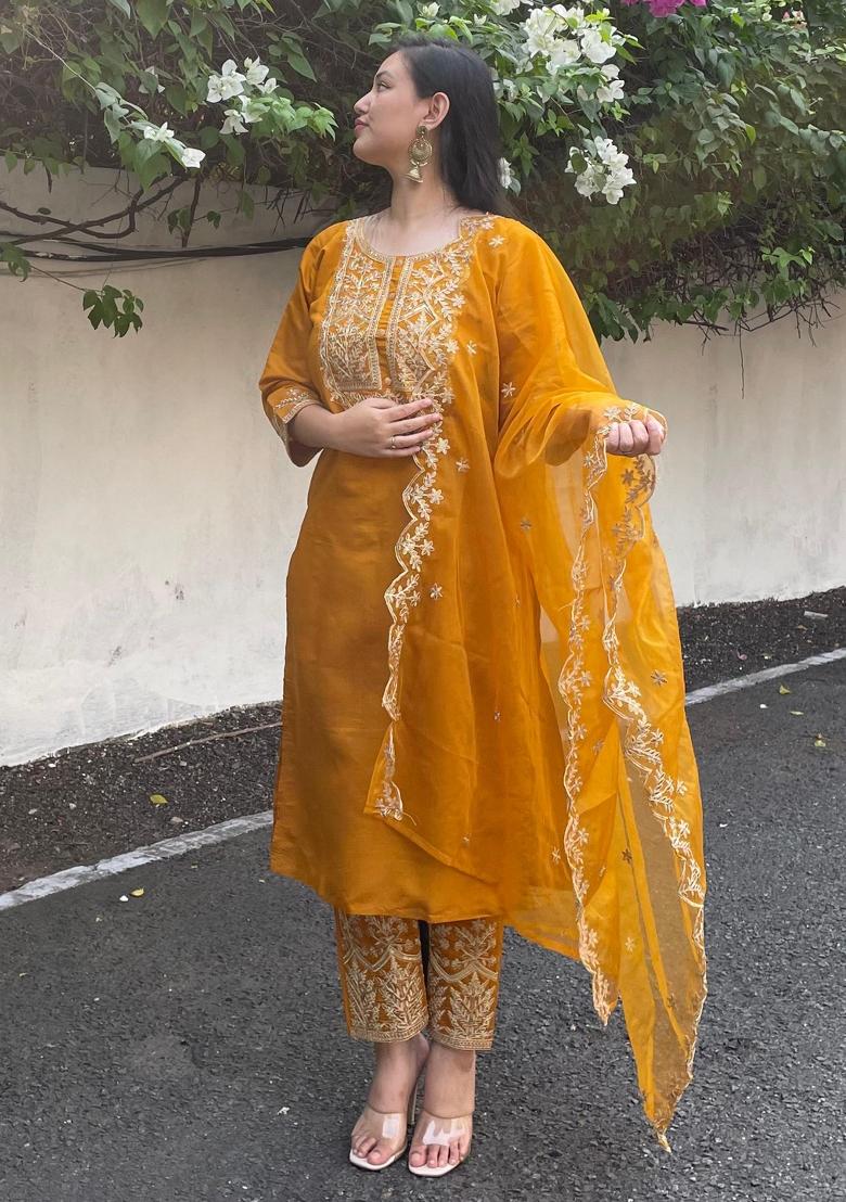 Mustard Yellow Embroidered Silk Blend Salwar Kameez With Dupatta