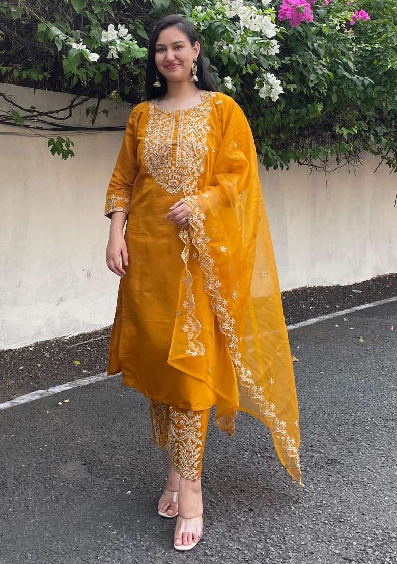 Mustard Yellow Embroidered Silk Blend Straight Kurta Set - Indya
