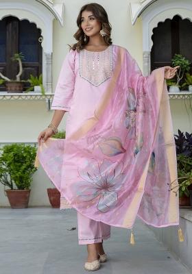 Pink Embroidered Silk Blend Salwar Kameez With Dupatta